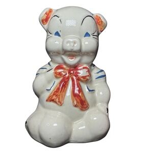 VINTAGE 1940'S SHAWNEE SITTING PIG PIGGY BANK WITH RED BOW CERAMIC RETRO‎